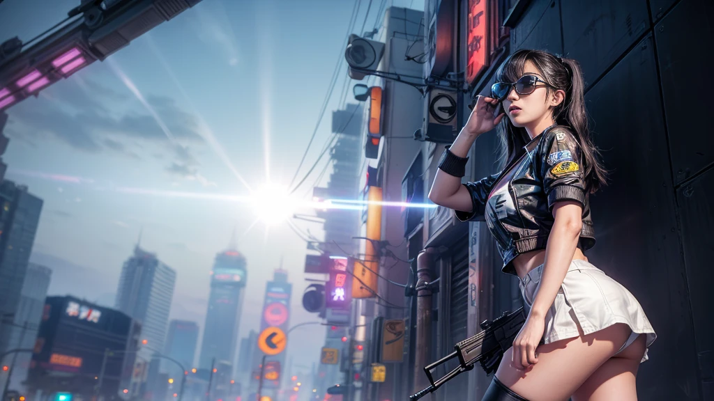 8k, Realistic Skin Texture, Realistic Photo, Neo Tokyo, slim Japanese women, large-breast:1.3 cleavage, AD2050 at night, Dirty hunting jacket, Wearing shirt, miniskirt, (((micro black sunglasses, automatic rifle, sneakers, cold, shooting pose, low angle view))), Innovative composition, revenge, An old 1966 Ford Bronco that looks out of place in a city, cyberpunk, blade runner worldview, Large neon sign, Geisha hologram sign, Strong Wakamoto Sign.