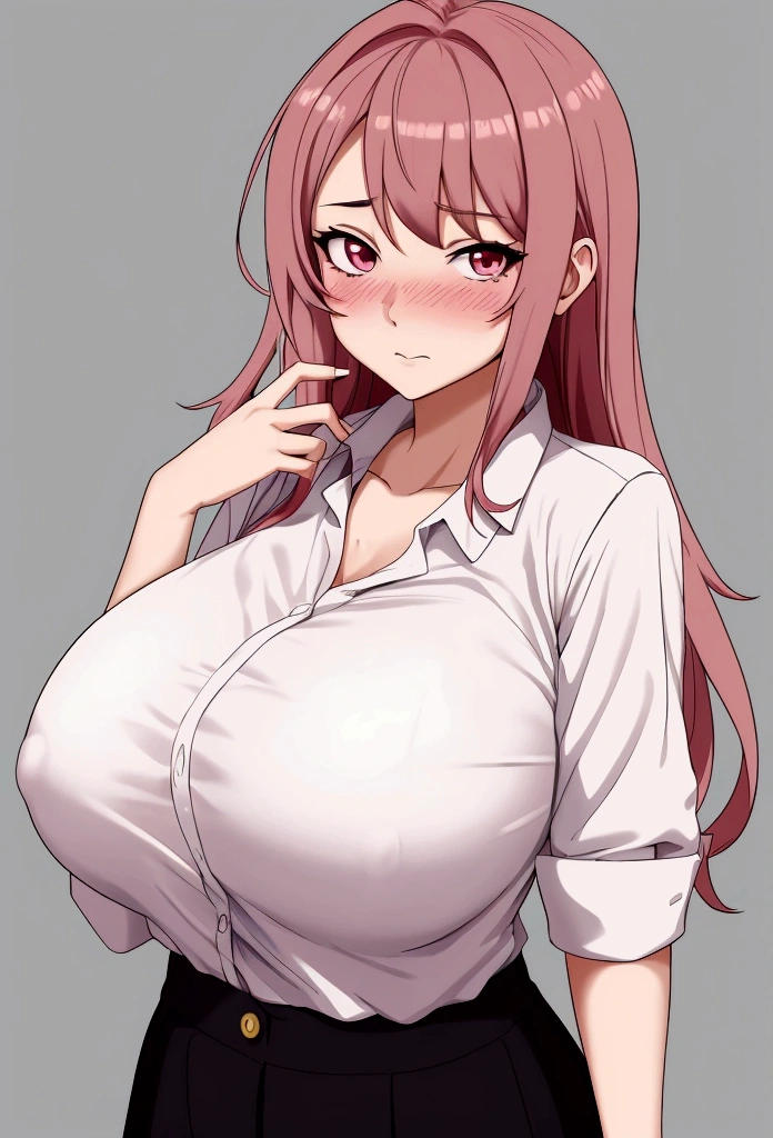 girl wearing a shirt but it doesn't fit because she has big breasts, anime style, blushing girl