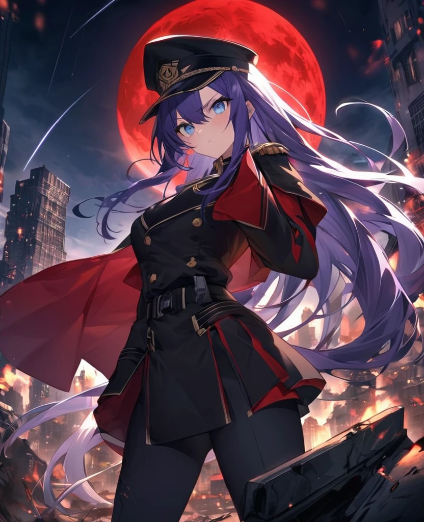 Facing forward　girl　Military uniforms with a white base and some black　Spectacular Background　A shooting star is falling　Beautiful night view　　　She is on the right　On the left you can see the destroyed city.　He has a gun　　　服にはplaneが描かれています　背景の上部にはFighterが飛んでいます　Red Moon　blue eyes　　There is one person　Purple long hair　wearing a military cap　war　I'm wearing pants　Precision　masterpiece　girlにクローズアップ　girlを正面から見ています　ponytail　long hair　soldier　battlefield　{超Precision} Satanic　She's angry　But I&#39;m angry　Hanging eyes　Anime Style　 {war} {Gunfight} {Fighterの擬人化} Fighter　tank　Battleship　plane　Thunder Day　Mechanical Man　宇宙Battleshipヤマトの武装をつけています　A dignified expression　F-16Fighterの翼を背中につけています　tankがいます　C****nde　Genshin Impact