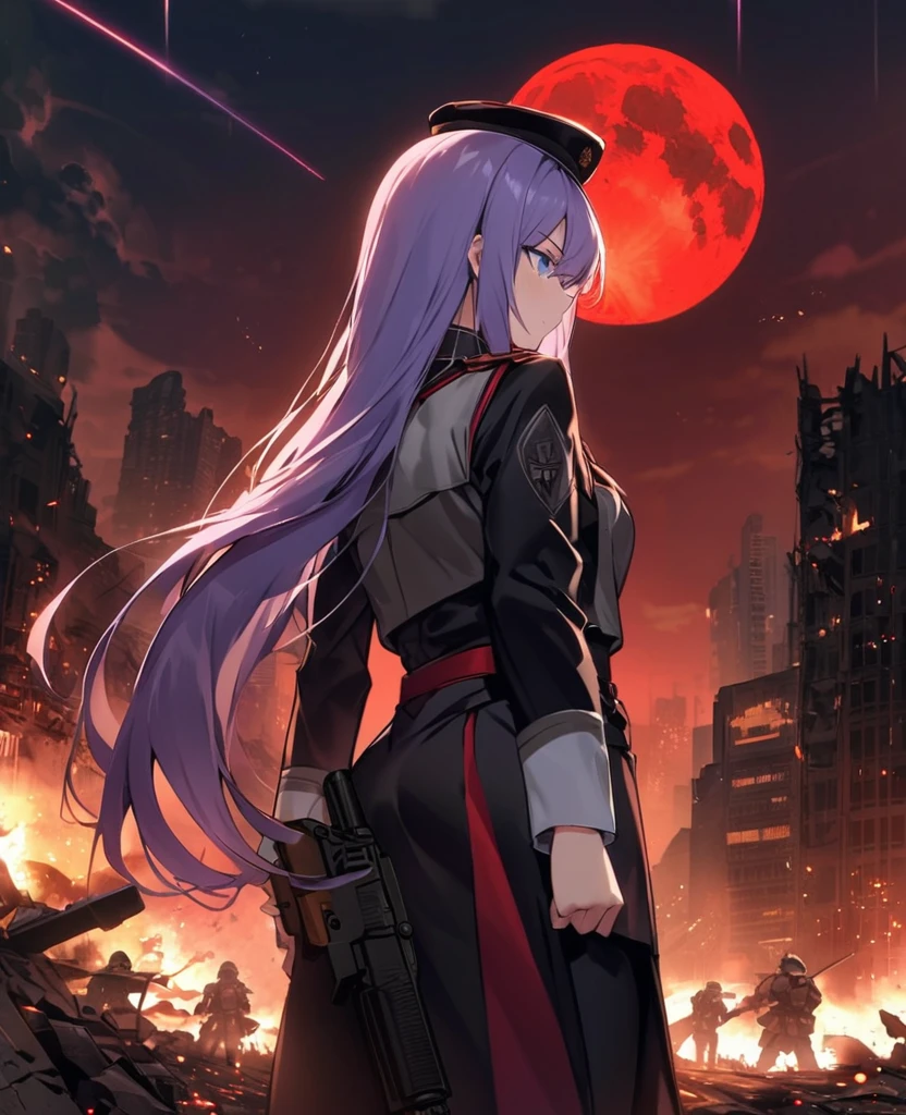 Facing forward　girl　Military uniforms with a white base and some black　Spectacular Background　A shooting star is falling　Beautiful night view　　　She is on the right　On the left you can see the destroyed city.　He has a gun　　　服にはplaneが描かれています　背景の上部にはFighterが飛んでいます　Red Moon　blue eyes　　There is one person　Purple long hair　wearing a military cap　war　I'm wearing pants　Precision　masterpiece　girlにクローズアップ　girlを正面から見ています　ponytail　long hair　soldier　battlefield　{超Precision} Satanic　She's angry　But I&#39;m angry　Hanging eyes　Anime Style　 {war} {Gunfight} {Fighterの擬人化} Fighter　tank　Battleship　plane　Thunder Day　Mechanical Man　宇宙Battleshipヤマトの武装をつけています　A dignified expression　F-16Fighterの翼を背中につけています　tankがいます　C****nde　Genshin Impact