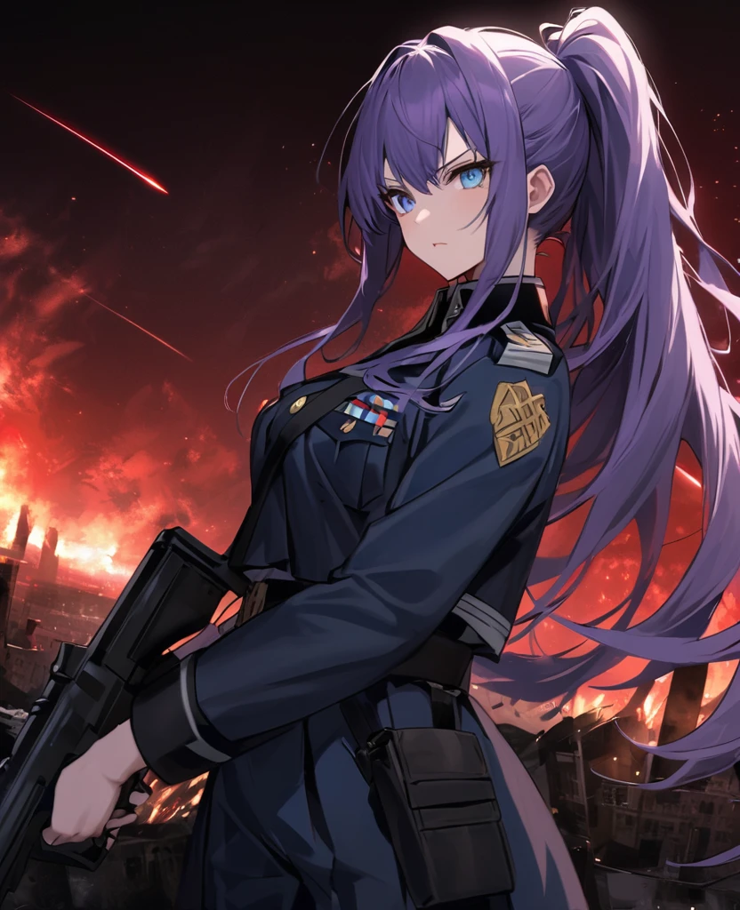 Facing forward　girl　Military uniforms with a white base and some black　Spectacular Background　A shooting star is falling　Beautiful night view　　　She is on the right　On the left you can see the destroyed city.　He has a gun　　　服にはplaneが描かれています　背景の上部にはFighterが飛んでいます　Red Moon　blue eyes　　There is one person　Purple long hair　wearing a military cap　war　I'm wearing pants　Precision　masterpiece　girlにクローズアップ　girlを正面から見ています　ponytail　long hair　soldier　battlefield　{超Precision} Satanic　She's angry　But I&#39;m angry　Hanging eyes　Anime Style　 {war} {Gunfight} {Fighterの擬人化} Fighter　tank　Battleship　plane　Thunder Day　Mechanical Man　宇宙Battleshipヤマトの武装をつけています　A dignified expression　F-16Fighterの翼を背中につけています　tankがいます　C****nde　Genshin Impact