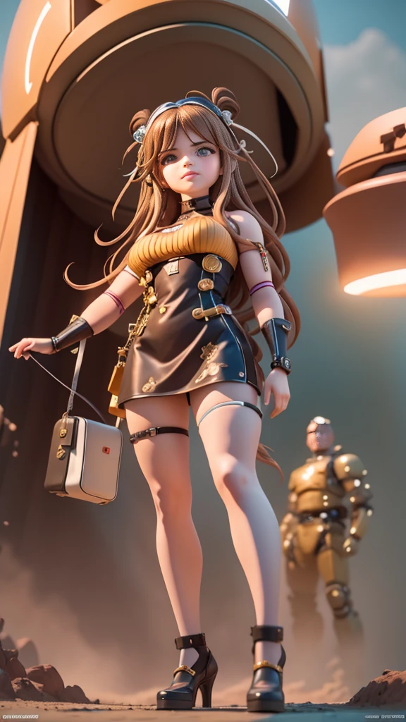 A woman in a dress stands in front of a giant robot, Don Mights, Portrait of Sofia Vergara, Promotional Art, Attractive brown haired woman, Retropunk, The protagonist in the foreground, Inspired by Louis Paul, Mechanic, Young woman anime visual, Compute Shaders, Inspired by Donato Giancola, Youtube thumbnails, Chrome Art  