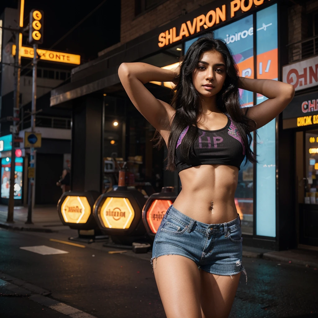 A vibrant, urban setting with neon lights and bustling streets serves as the backdrop for this stunning Indian ager. Avneet, an 18-year-old Instagram model, radiates confidence and beauty. Her long, raven-black hair cascades down her back, contrasting with a kaleidoscope of colorful streaks. She sports a sizzling black top and high-waisted jeans, accentuating her toned physique. As she dances with abandon, her eyes sparkle with mischief, captivating the viewer's attention.