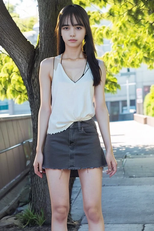 photos showing the entire body, including legs.
She is a very cute 20y Japanese pure-type heroine with idol-like qualities. She has fair skin, a slender body, and a typical neat, elegant appearance of a pure-type heroine.
She wears a simple yet torn, ripped and tattered sleeveless white V-neck top that highlights her upper chest line,
and a torn, ripped and tattered high-thigh-length very short gray mini-skirt.
Her hair is black, straight, styled in a half-up look with some hair tucked behind her ears.