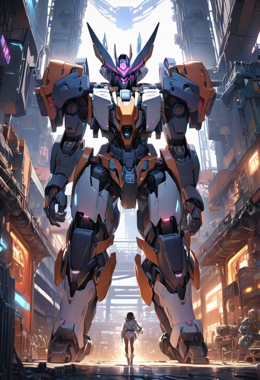 ((masterpiece, best quality)),illustration,ultra detailed 8k,photorealistic,sharp focus,highly detailed,professional lighting,colorful details,iridescent colors BREAK extreme long shot of a factory,large mechanical robot construction,microchip,computer,glowing,intricate details,shitu-mecha,1girl is standing in front of the audience,Navel,in bikini
