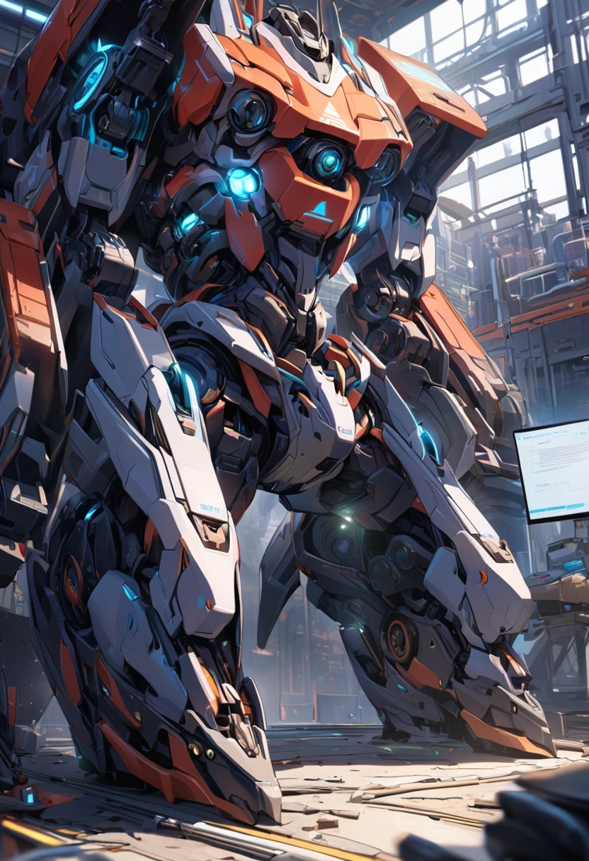 ((masterpiece, best quality)),illustration,ultra detailed 8k,photorealistic,sharp focus,highly detailed,professional lighting,colorful details,iridescent colors BREAK extreme long shot of a factory,large mechanical robot construction,microchip,computer,glowing,intricate details,shitu-mecha,1girl is standing in front of the audience,Navel,in bikini