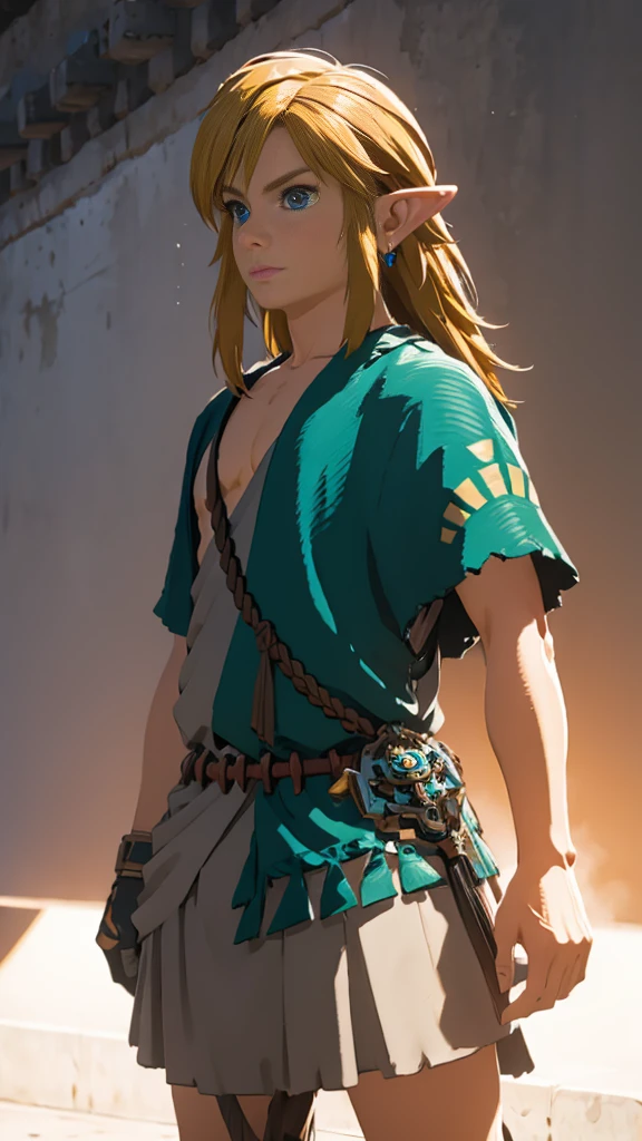 Shield equipment、Link、Subjective、looking at the camera、Hyrule Field、male、Masterpiece、Highest quality、male体型、Flowing Hair、Model standing、Hold a shield、Holding a sword