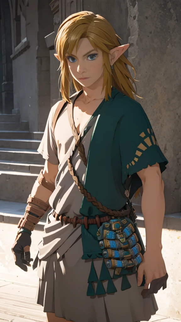 Shield equipment、Link、Subjective、looking at the camera、Hyrule Field、male、Masterpiece、Highest quality、male体型、Flowing Hair、Model standing、Hold a shield、Holding a sword