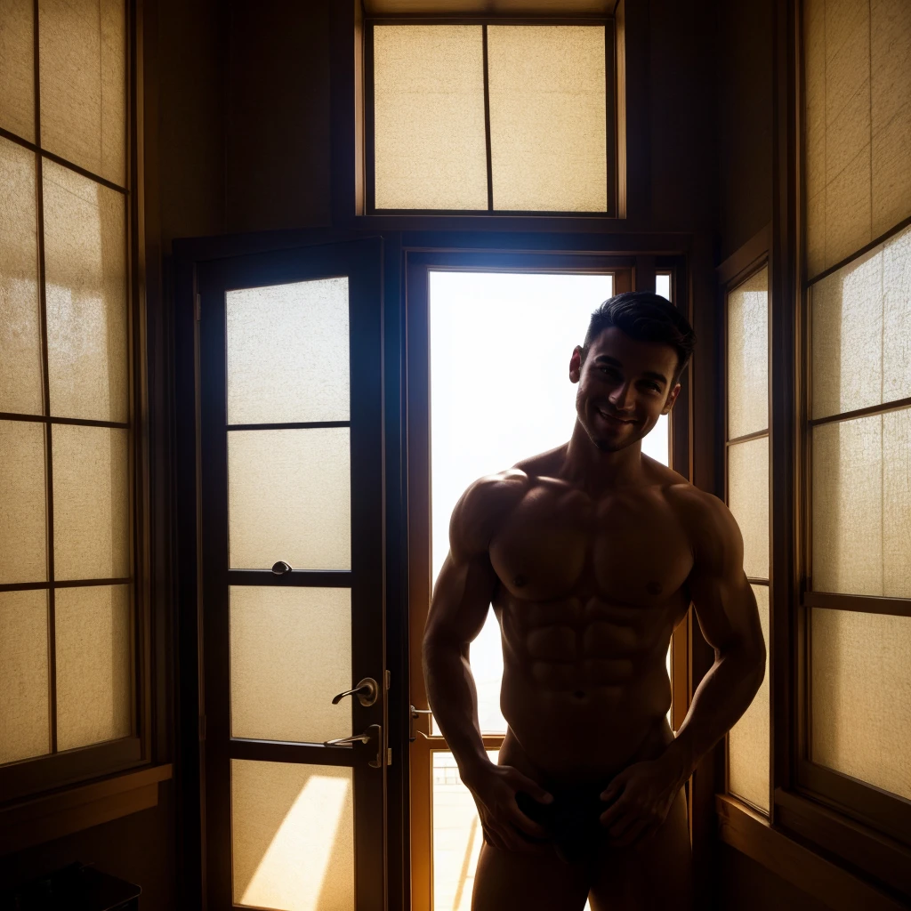 The pitch-black silhouette of a lonely,a handsome two Young man,Very good figure,cute,short haircut,tan skin,Not wearing a shirt ,not wearing ?????? underware,?????, who could only experience life from what he saw through a single window with only four windows.Everything is dark in his world and environment.while light, love, and happiness can only be seen through one window.Inside there was only darkness and shadows.While the colors are beautiful and bright happy people and countless wonders lie outside
