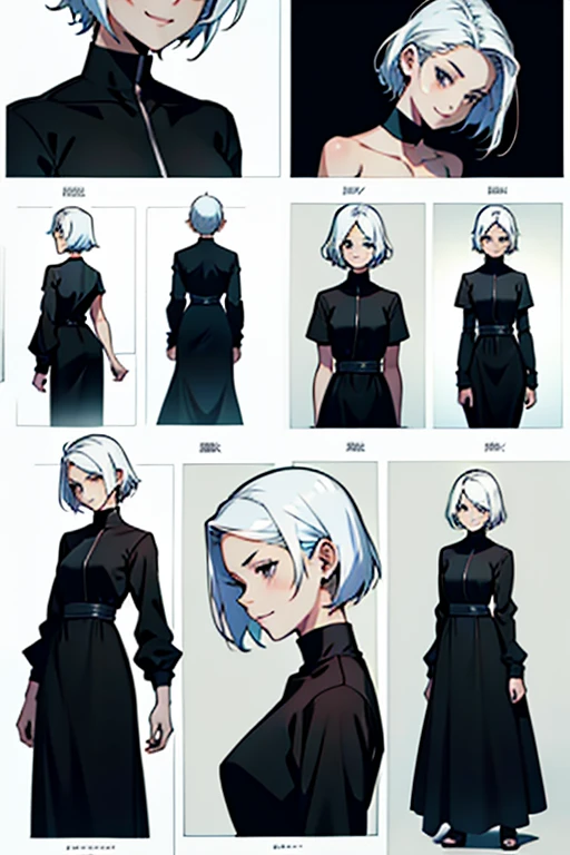 Girl with short white hair small and really skinny, feeling extremely sick, smiling and talking, wearing long black dress, manga page with panels and dialogue    