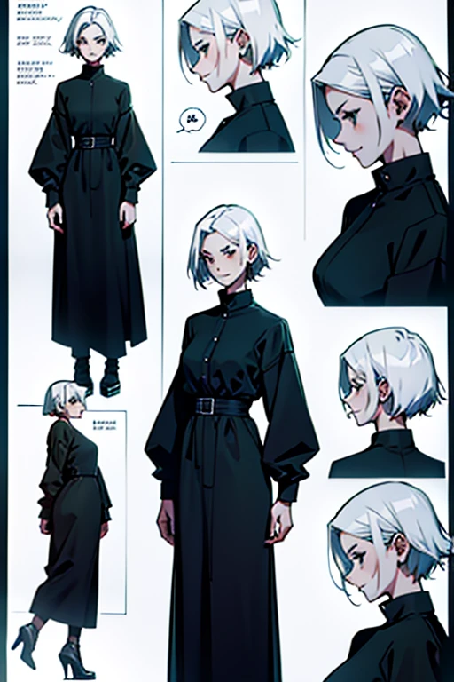 Girl with short white hair small and really skinny, feeling extremely sick, smiling and talking, wearing long black dress, manga page with panels and dialogue    