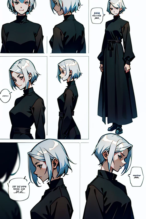 Girl with short white hair small and really skinny, feeling extremely sick, smiling and talking, wearing long black dress, manga page with panels and dialogue    