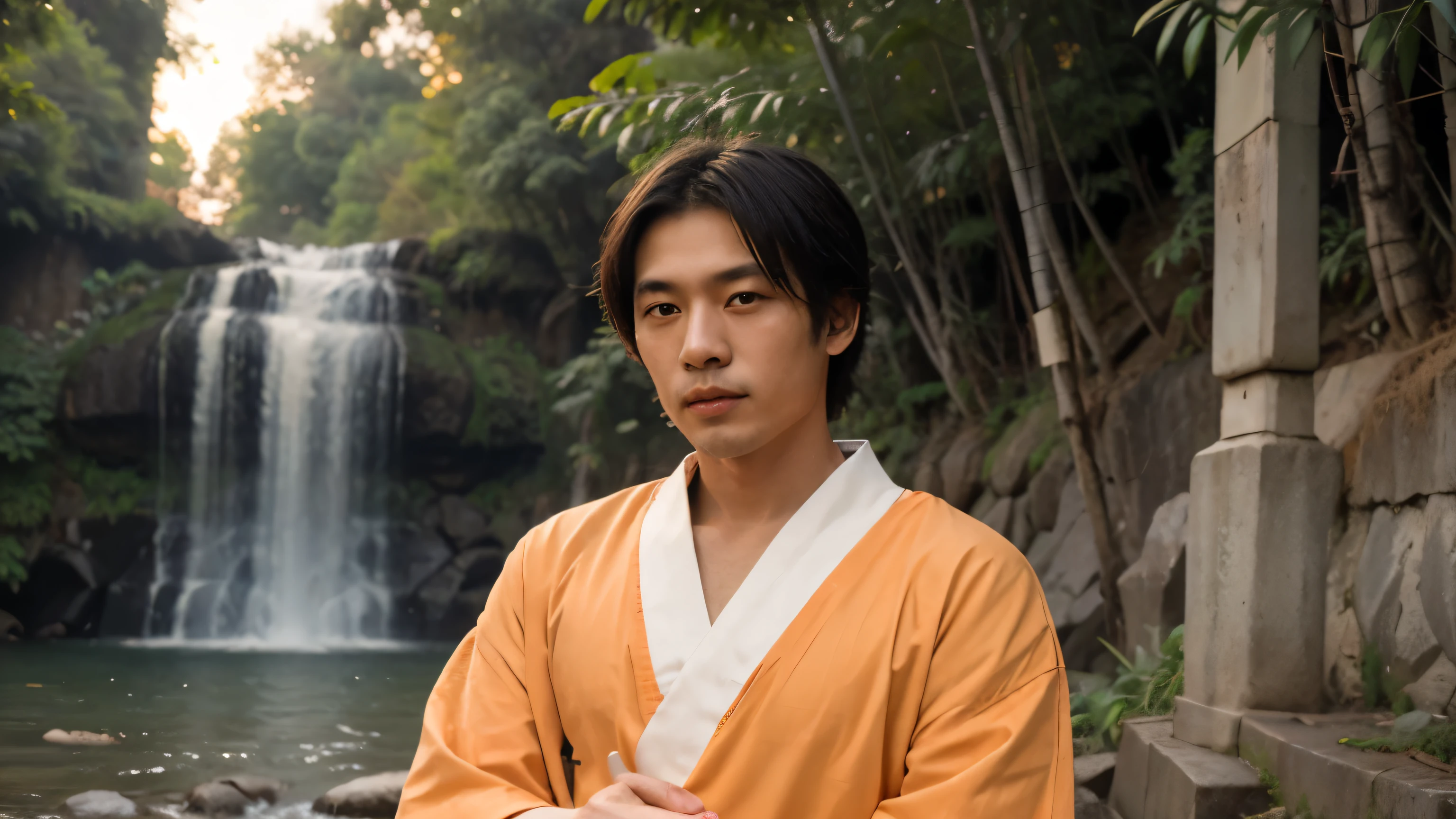 ((best quality)), ((head of'artwork)), (detailed), visage parfait, Japanese man in orange kasay, seats between the bamboos, cascade, sun set
