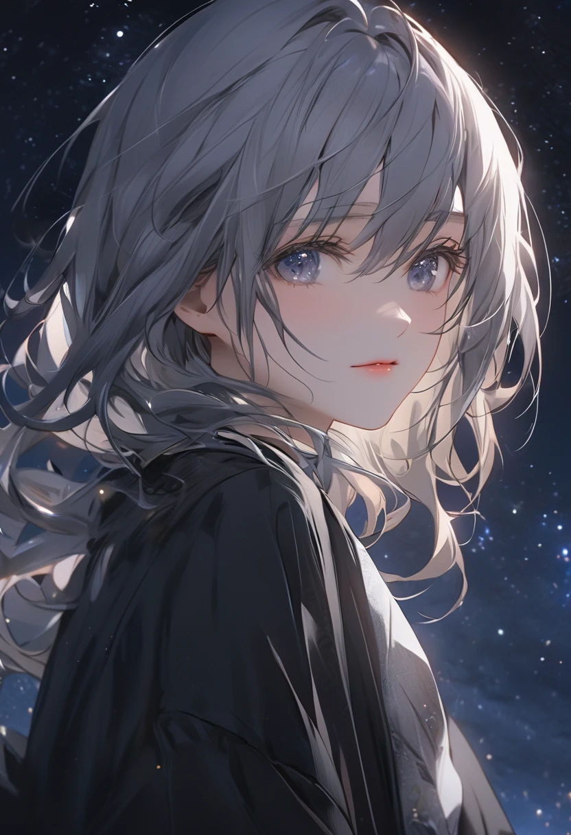  calm , black robe , masterpiece , cloudly night full stars  , close up , beauty