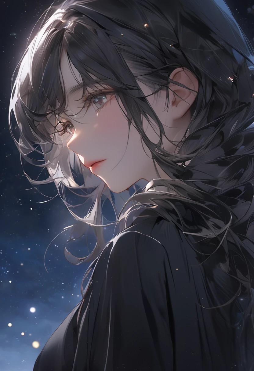  calm , black robe , masterpiece , cloudly night full stars  , close up , beauty