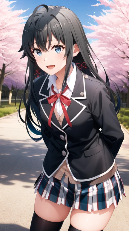 masterpiece, best quality, highres, aayukino, long hair, ahoge, hair ribbon, , neck ribbon, collared shirt, blazer, black jacket, long sleeves, plaid skirt, black thighhighs, standing, cowboy shot, leaning forward, arms behind back, smile, open mouth, outdoors, cherry blossoms,