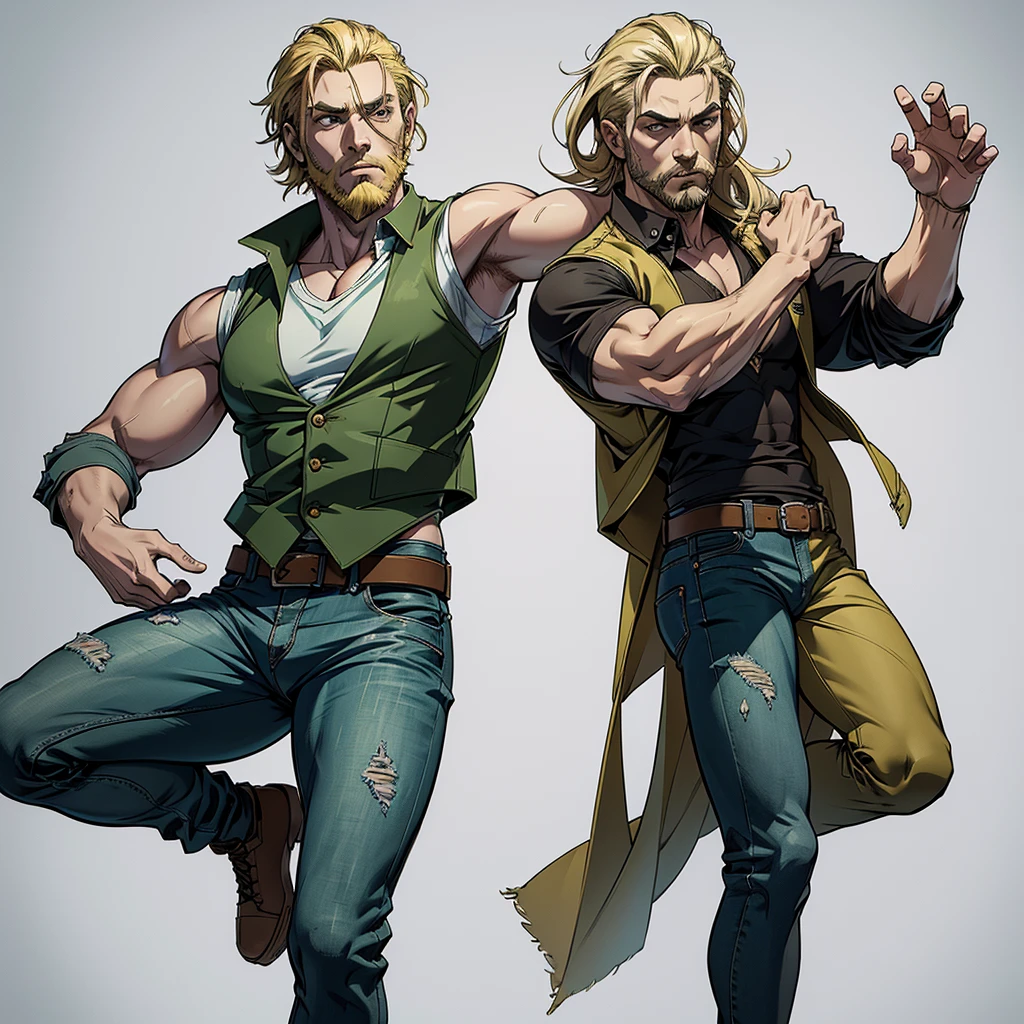 character ANIME man, FULL BODY, standing, STRONG, long blonde hair, ((design sketches)), (masterpiece), extremely detailed, (original design reserved), (random poses), LEADER, (unique accessories), (clothing, green vest, jeans), (bearded face) professionally retouched, white background, (male: 1.1) martial arts, parkour (cauça Jeans r: 0.8), (dirty: 1.1), (movement: 0.8), (young: 1.3), (sprint: 0.6) (silent hill concept) (resident evil concept)  