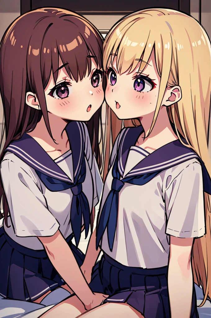 (high quality, 8K, 4K, High Contrast, masterpiece:1.2, 最high quality, Best aesthetics), 2 girls, Blonde hair and lilac eyes, Brown hair and brown eyes, Blushing, Embarrassment, Sailor suit, mini skirt, French kiss, Kiss on the mouth, Tongue kiss, Intimate, Browsing Caution, saliva, bedに腰かけて, Blushed, close your eyes, night, Dim lighting, bed, Silk sheets, cushion, Be alone in your room...