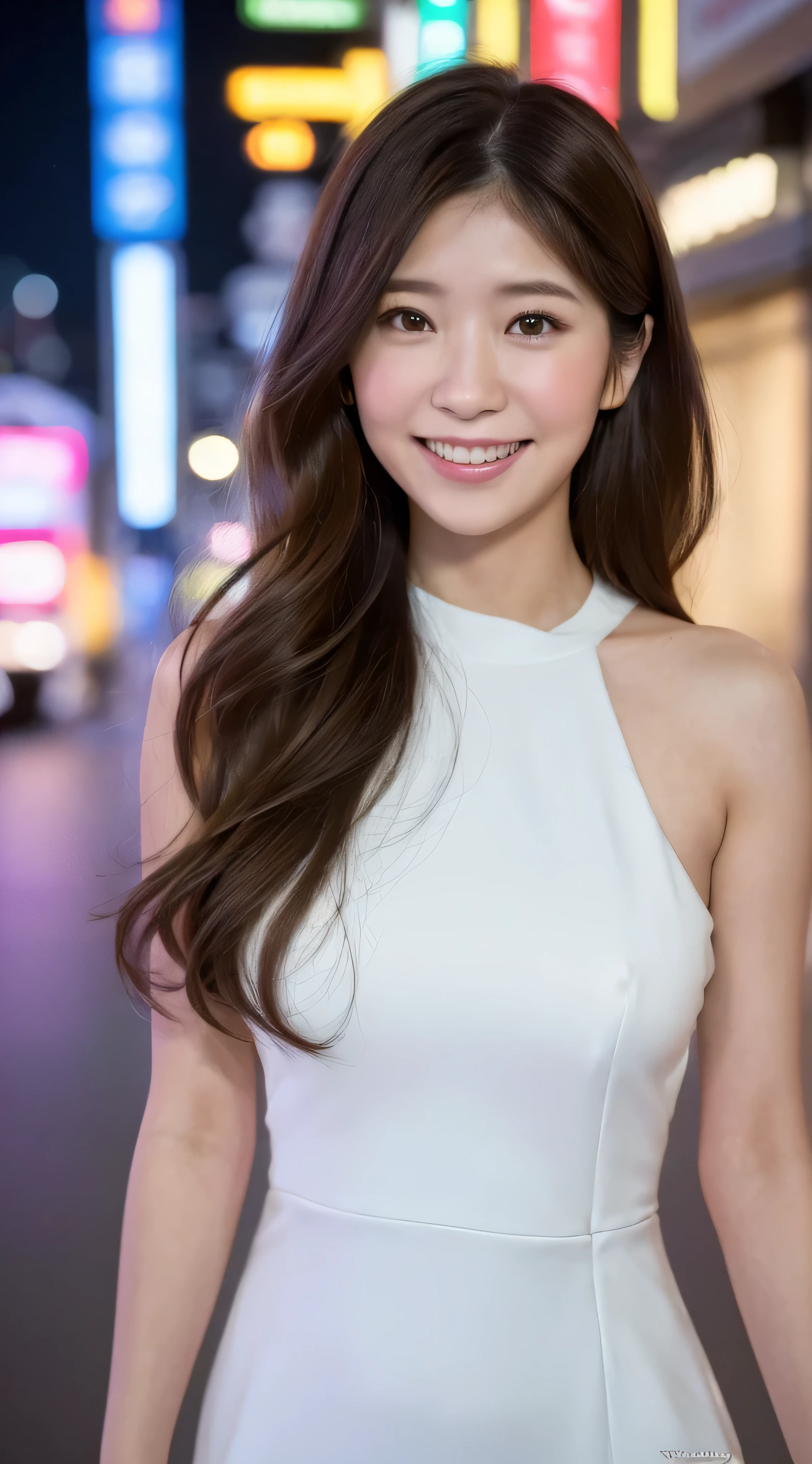 (((Yumikanok))),((Best quality, 8k, Masterpiece :1.3)), 1girl, smiling, full body, slim face, Pretty woman, (Dark brown hair), full white length dress :1.1, Ultra-detailed face, Detailed eyes, Double eyelid, bokeh background, slim face, night city, neon light,outside, tokyo street,japan