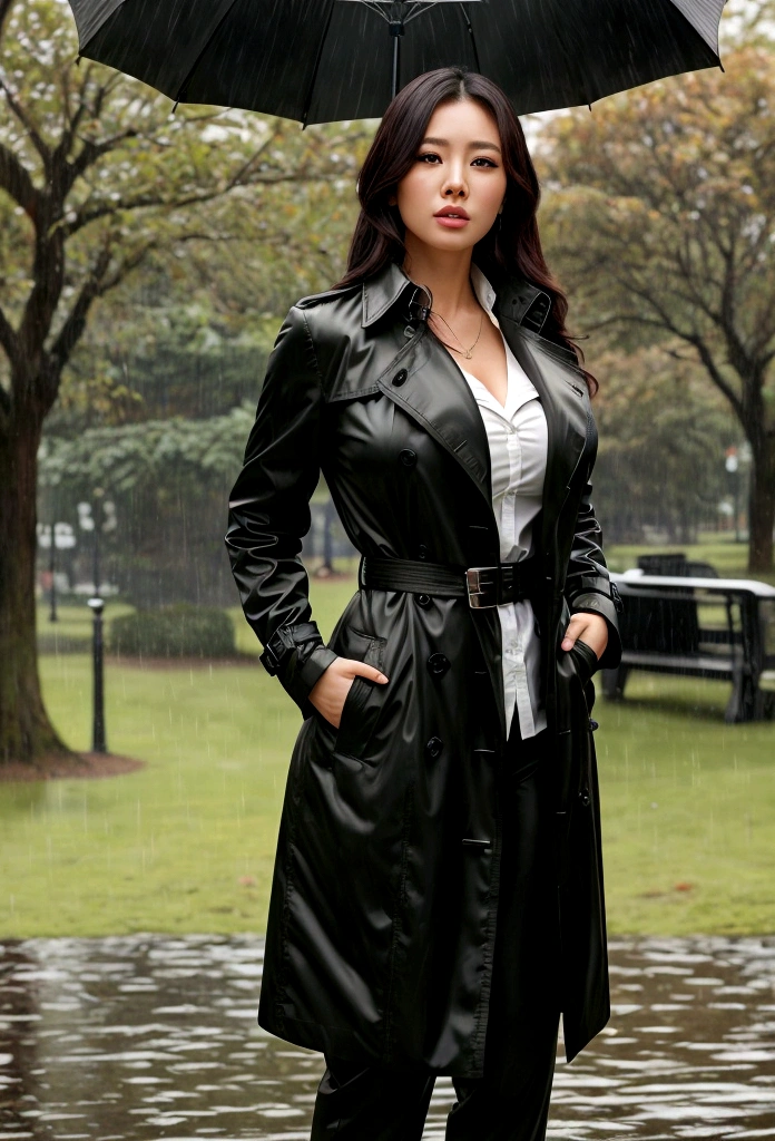 beautiful busty milf in Black Trench Coat, standing in a park, rainy daytime, photorrealistic, work of art, cowboy_outlet, Cao Cao_busty, black pants, white shirts