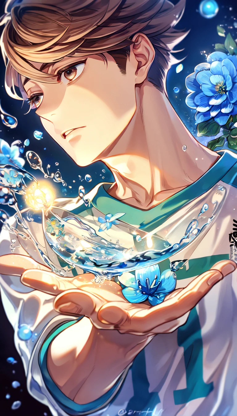 Ultra detailed, highres, absurdres, HDR, master piece, Oikawa Toru, brown hair, expressive brown eyes, light blue shirt, white jersey, Haikyuu, blue petals, sexy man, solo, best quality, blue blossoms, blue fireflies, fantasy, magical, handsome, blue moon, blue flowers, magic, water, glass