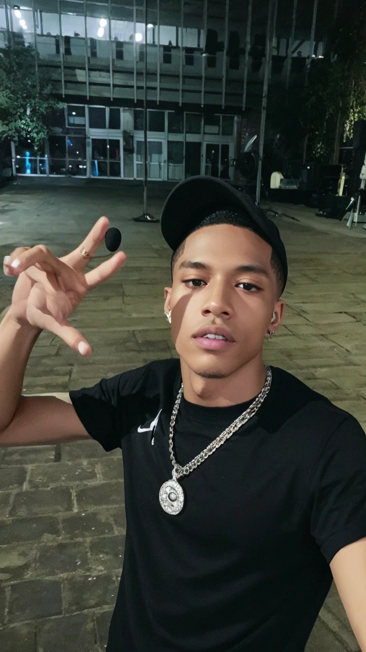 Nike clothes, diamond chain around neck, microphone in the hands, music studio equipment in the background