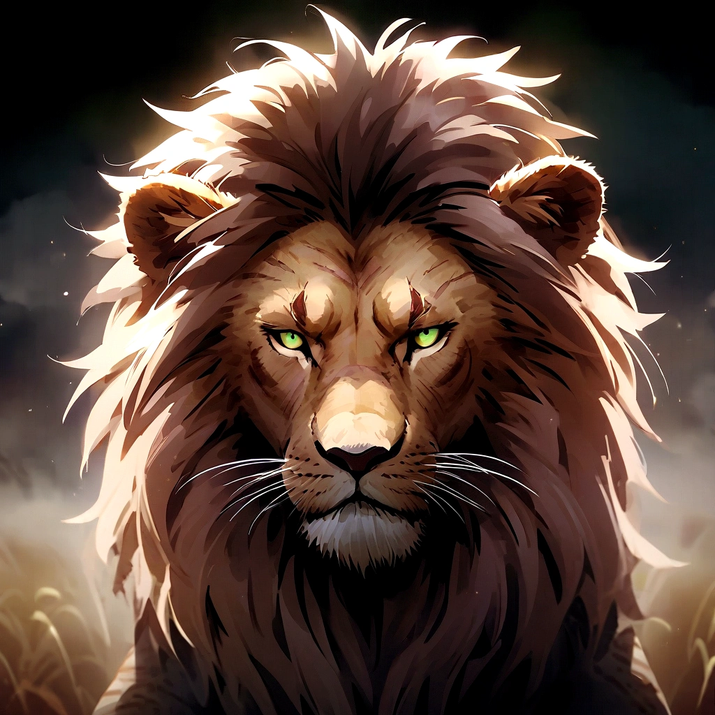 skinny body lion, rather emaciated with elegant thin black hair and tattered orange-brown skin and distinctive neon green almond-shaped eyes with numerous scars on his body, the most notable vertical over his left eye, which is pink and slightly cloudy