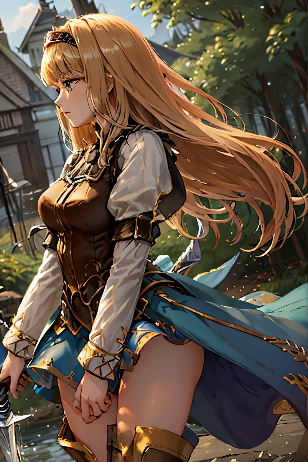 （（（ＳＦＷ、sound、Highest quality、first-clasasterpiece、Normal body、8K、Detailed face、Ultra-precision、Normal hand、Normal finger、５Finger、Highest）））、beautiful girl、Golden blonde;1.4、slender、low length、Thin legs、Alisha、Valkyrie Profile、princess、Rapier、Fleeting、Deep woods、profile、Rapier、Rapierを構える、The skirt is blown up by the wind、Panty shot、Pure white pants、I can see your pants