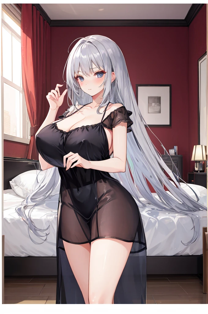 A woman with big ,Beauty,Silver long hair,transparent,(Super short)Nightdress,weak,bedroom,