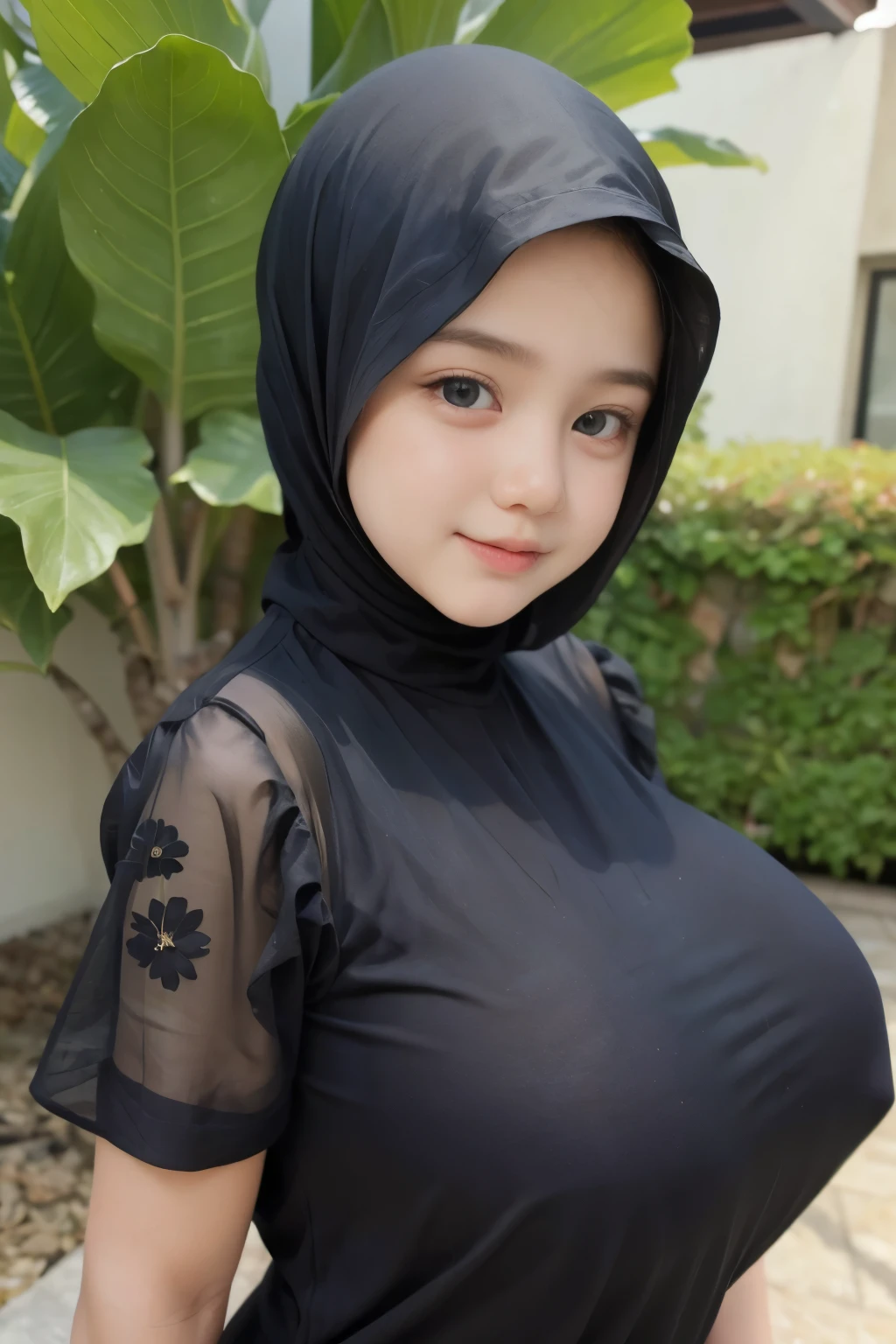 Jumbo (Dress), Chubby adorable, 1 girl, (face to face), , baby face, happy, half body portrait, (face details: 1), (eye details: 1), ((big breasts)). wearing transparent transparency soft long shirt, hijab, .. Cute posed. proportional body. Ultra High Res. realistic: 1.4, UHD, (floral pattern), view from side seductive pose