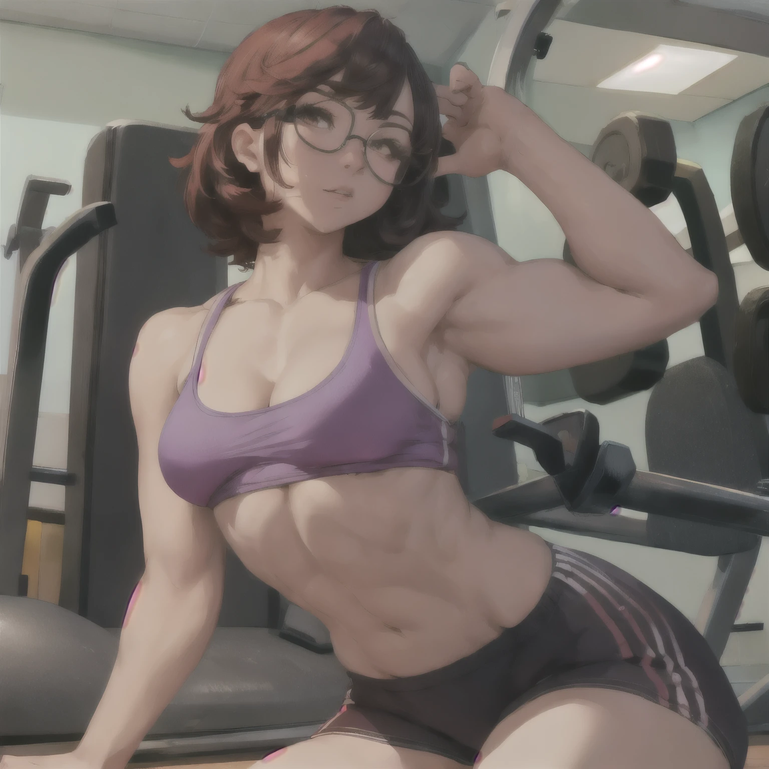 l34nb33fp4tty wearing sportswear, glasses, at the gym, defined body, medium breasts,