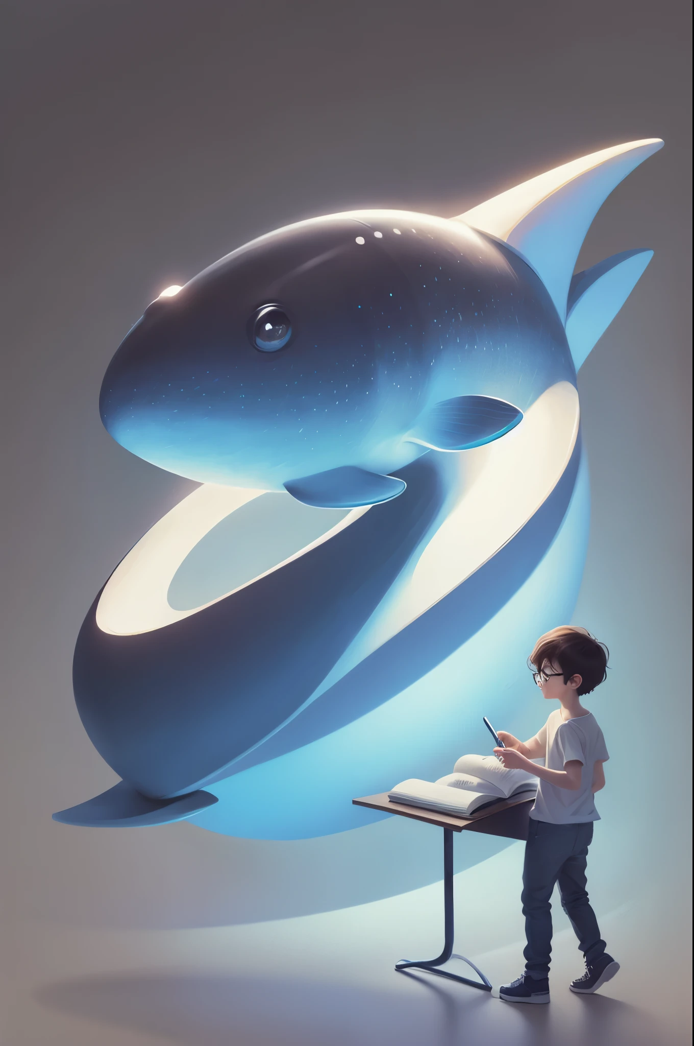 A boy sitting on a whale，Holding a notebook, Space Background，2d illustration,  Clean and concise illustrations, simple cartoon style, Animation illustration style, john egbert, 2D digital illustration, Simple illustration