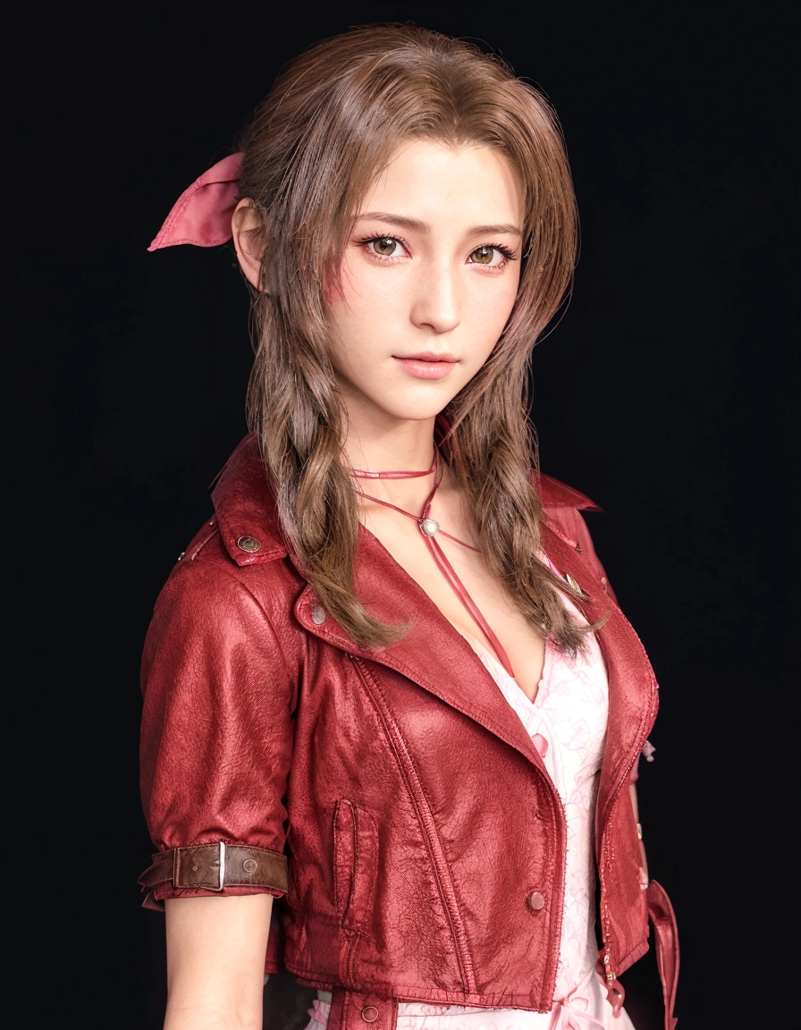 arafed image of a woman with a red jacket and a pink bow, aerith gainsborough, glamorous aerith portrait, beautiful aerith gainsborough, render of april, portrait of aerith, final fantasy character, aerith portrait, final fantasy face, from final fantasy, aerith, aerith, from ff7, female character