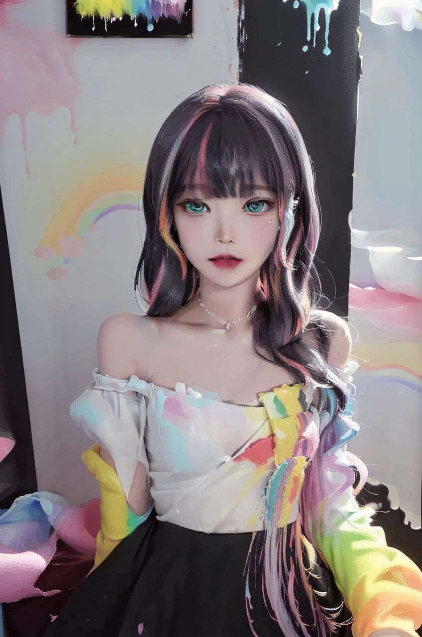 (Pink Fashion T-shirt:1.9),(Colorful hair: 1.8), (all the colours of the rainbow: 1.8),(((((vertical painting:1.6))), (painting:1.6),front, comics, illustrations, paintings, large eyes, crystal clear eyes,( rainbow color gradient high ponytail:1.7), exquisite makeup, closed mouth,(Small Fresh: 1.5),(Wipe Chest: 1.6) ,long eyelashes, white off shoulder T-shirt, White Shoulder Shirt,looking at the audience, large watery eyes, (rainbow colored hair:1.6), color splash, (solo:1.8), color splash, color explosion, thick paint style, messy lines, ((shining)),(colorful), (colorful), (colorful), colorful, Thick Paint Style, (Splash) (Color Splash), Vertical Painting, Upper Body, Paint Splash, Acrylic Pigment, Gradient, Paint, Highest Image Quality, Highest Quality, Masterpiece, Solo, Depth of Field, Face Paint, colorful clothes, (Elegant: 1.2), gorgeous,long hair, wind, (Elegant: 1.3), (Petals: 1.4),(((masterpiece))),(((best quality))),((ultra-detailed)),(illustration),(dynamic angle),((floating)),(paint),((disheveled hair)),(solo),(1girl) , (((detailed anima face))),((beautiful detailed face)),collar,bare shoulders,white hair, ((colorful hair)),((streaked hair)),beautiful detailed eyes,(Gradient color eyes),(((colorful eyes))),(((colorful background))),(((high saturation))),(((surrounded by colorful splashes))),