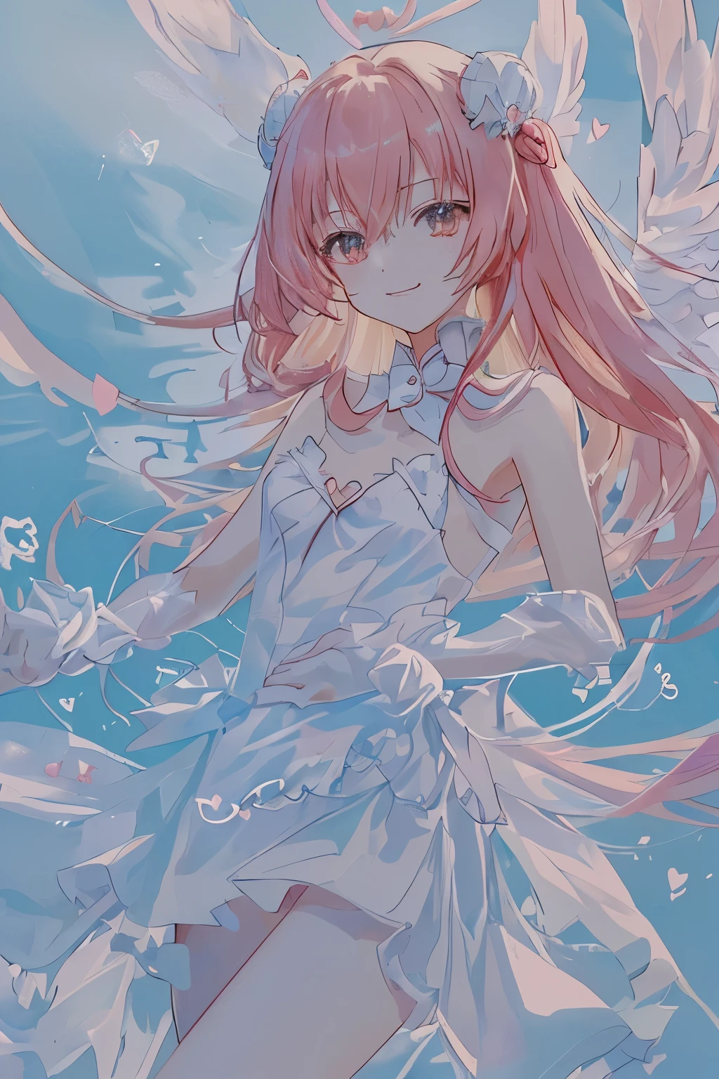 1_girl, (anime, kawai:2), (masterpeice, best_quality, simple, cute, dreamy, vibrant, clean:1.5), (cute, cute_smile, young:1.8), (delicate, beautiful, thin:1.5), (girlfriend, angel:1.6), (green_eyes, simple_eyes:1.5) (long_hair, blond_hair, wearing_pink_dress, pink_angel_wings, sexy_gloves:1.5), extremely_delicate, (love_magic:1.5), (age_size_fits_body), (small_thighs:1.3), (breasts), (eye_level:1.3), (heart_magic, love:1.5),