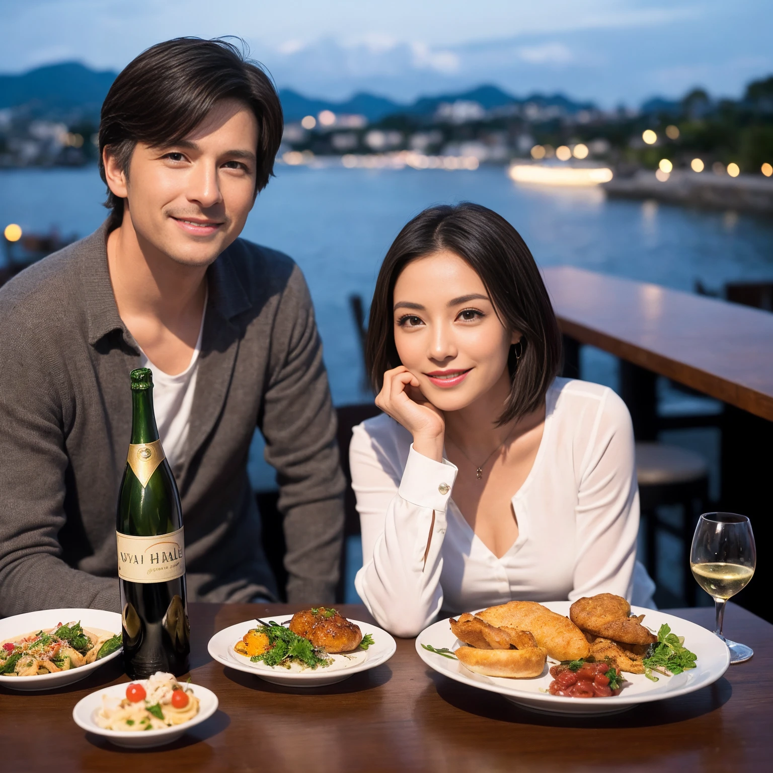 ((Highest quality、、masterpiece:1.3))、1 male 1 female、Slim lovers、Beautiful couple、Japanese couple、smile、 (Slim face), (the body is スリム), (Brown Hair), (Shortcuts), ((Bob Hale、Straight hair:1.2)), Full course dinner on the table、wine glass、Please shine a light on my face、 Amazing view of the sunset sky and clouds、smileの美しさ、Bright image、Blushing, Shortcuts,Bright Face、 43 years old,39 years old, red wine 、Appetizers、Italian food、Wine bottle、Champagne、sparkling wine、Long sleeve shirt、dress、Attractive beauty、restaurant, Nova Frog Style, actress, model, Upper Body, White wine, red wine, wine glass,