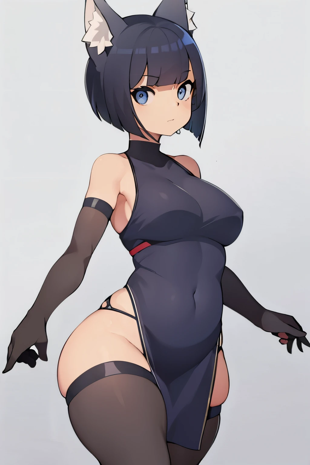 1 Girl, Striking Features, Gazing at Viewer, Short Bob Hairstyle with Bangs, Blue Eyes, Wolf Tail, Black Hair, Revealing Dress, Wolf Ears, Bare Shoulders, Medium-sized Breasts, Closed Mouth, Standing Position, Voluptuous Thighs, Sleeveless Dress, Partially Open, Gradient Background, Thigh Strap, No Panties, Sleeveless Design, Piercing Earrings, Breasts Slightly Parted, Visible Pelvic Curtain, Extra Wolf Ears, Right Hand with Arm Tattoo, Left Hand with Arm Tattoo