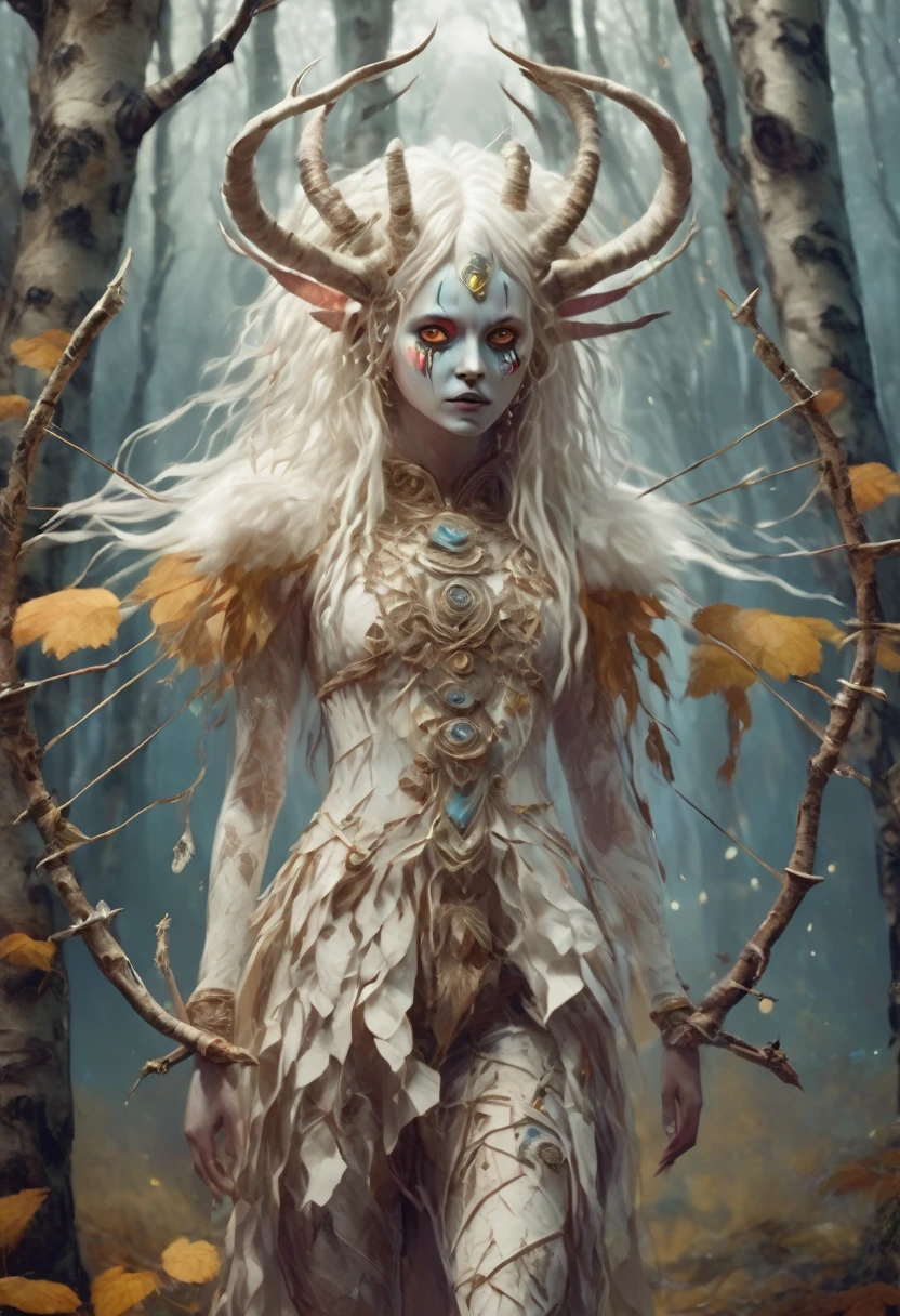 white birch girl with legs like long goat paws, (beautiful girl made of dead plant) with bow and arrow, costume, Feet are goat hooves, long white hair curry, white birch forest, plants, beautiful psychedelic clothes, psychedelics made of white birch skin with intricate weave, horns: 1.2