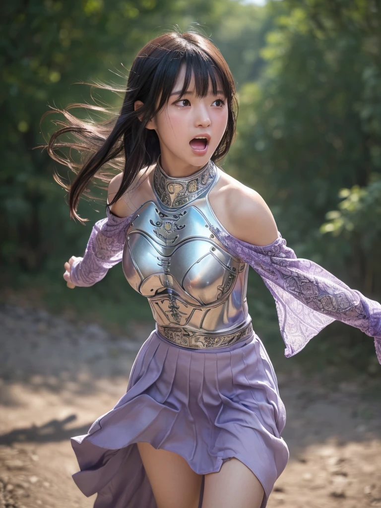 a beautiful japanese girl, very cute high school girl assassin, detailed portrait of innocent 16 year old virgin, in the mountain, (off-shoulder silver breastplate), (purple long maxi-skirt:1.2), (purple arm cover, silver booties), ((full body, running:1.2)),((blush, cry, open mouth:1.2)),(attacked by very big spider:1.3),(escape:1.3), translucent skin, small breasts, cleavage, glossy straight medium black hair, asymmetrical bangs,  ((best quality, 4k, 8k, highres, masterpiece, ultra-detailed, realistic, photorealistic, photo-realistic, intricate detail, highly realistic:1.3)), dramatic lighting, muted color palette, cinematic composition, emotional portrait