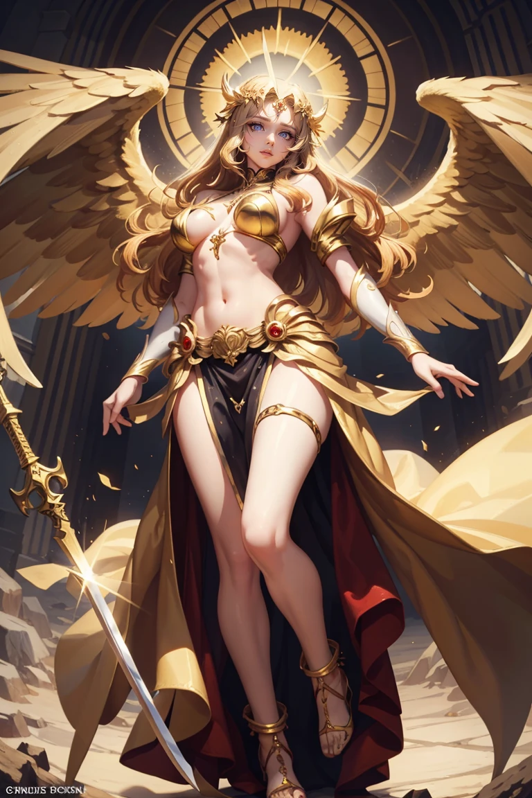 goddess of angels golden swordsman with wings, blondie hair, perfect hands, golden shine, fictional figure body hands on waist, sexy movement pose, swords around the body