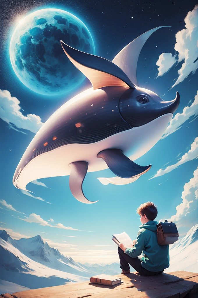 A boy sitting on a whale,Holding a notebook, Space Background,2d illustration, simple cartoon style, Animation illustration style, 2D digital illustration, Simple illustration,Rich colors