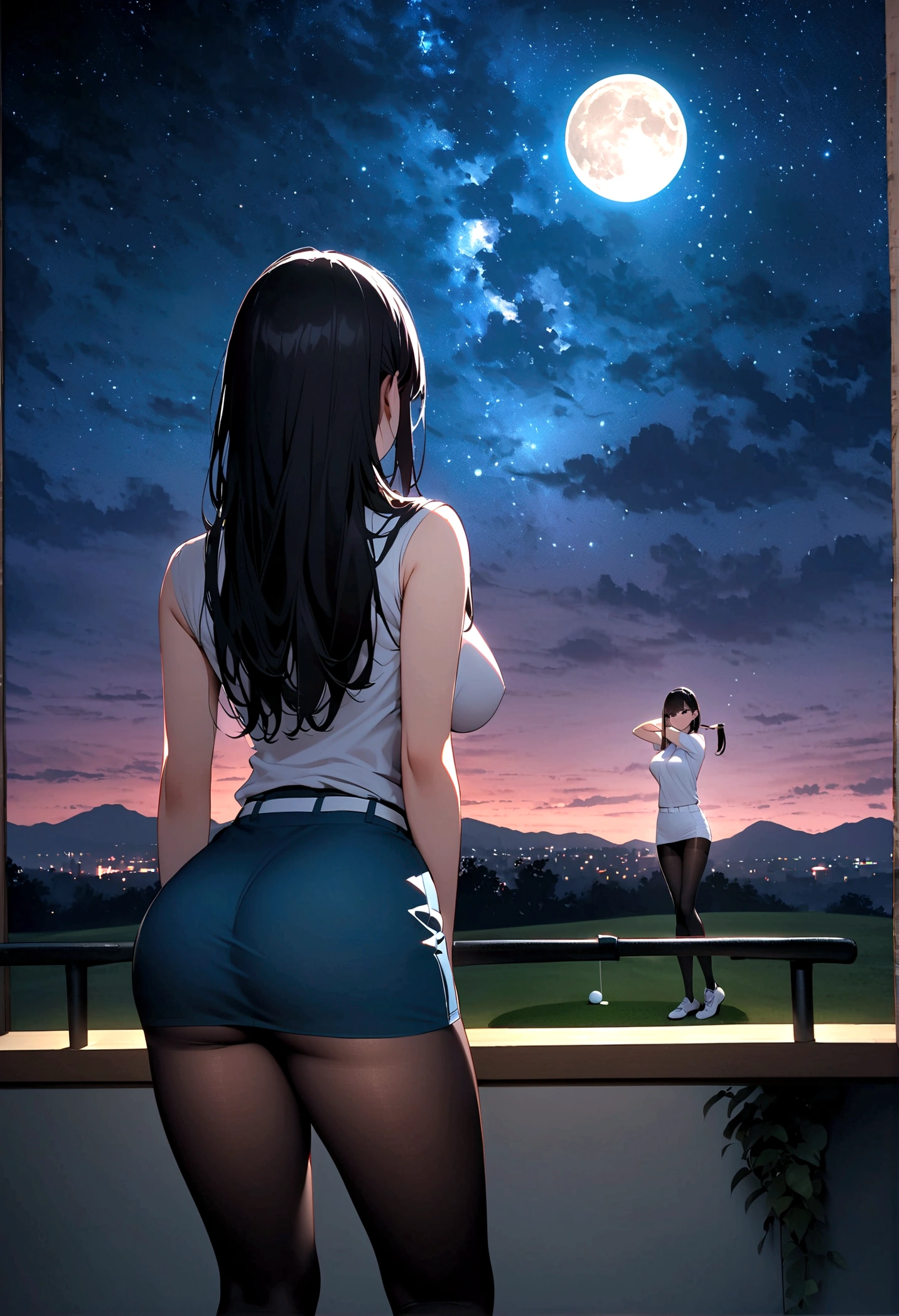 1 female、woman with very long black hair、Busty women、Spectacular views、Night Scene、The view from the top of the hill、Full moon night sky、swirling starry sky、8K、Best Quality、The woman's whole body is in the photo、The woman is wearing a miniskirt and her crotch is visible.、Wearing pantyhose、Standing motionless in golf wear, staring at the ball、Back view of a player preparing for a tee shot、I can see your ass