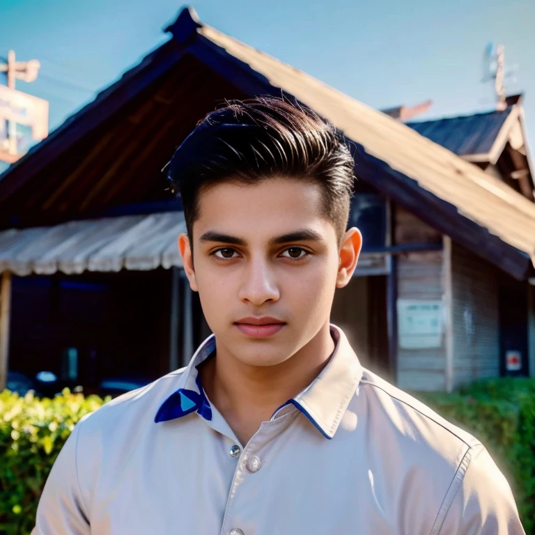 Aarav looks at the camera, perfect has a round face, A well-maintained model., handsome face,Close-up of a man wearing a black leather jacket., Southeast Asians with round faces, 3-D profile picture, 8K, 45,000,000 pixcls, realistic light colors