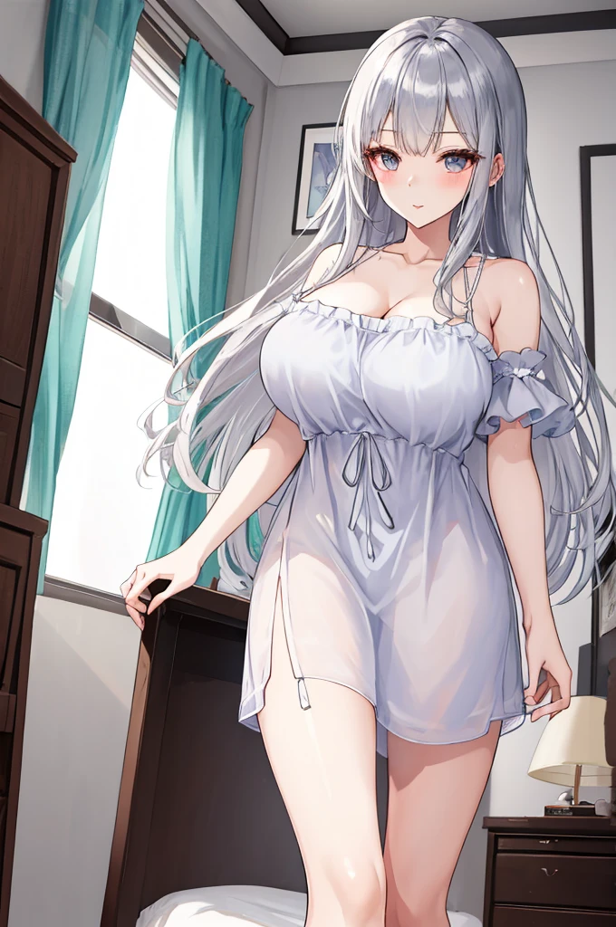 A woman with big ,Beauty,Silver long hair,transparent,(Super short)Nightdress,weak,bedroom,Sexy,
