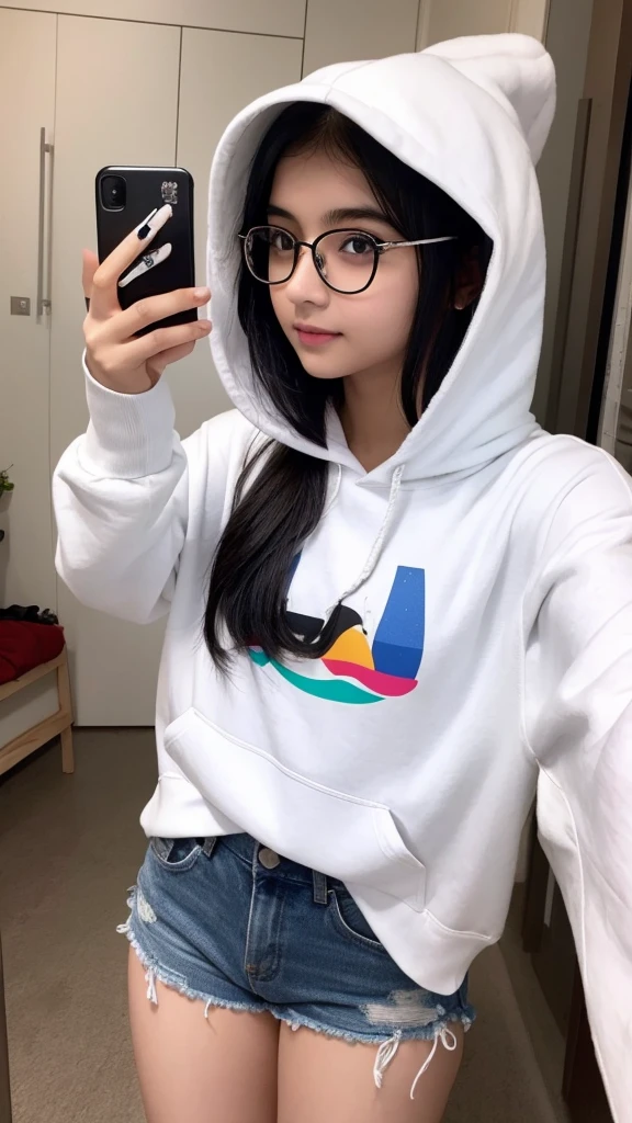 Indian girl age 24. White hoodies, black hair, black eyes, selfie pose, around thin eyeglasses