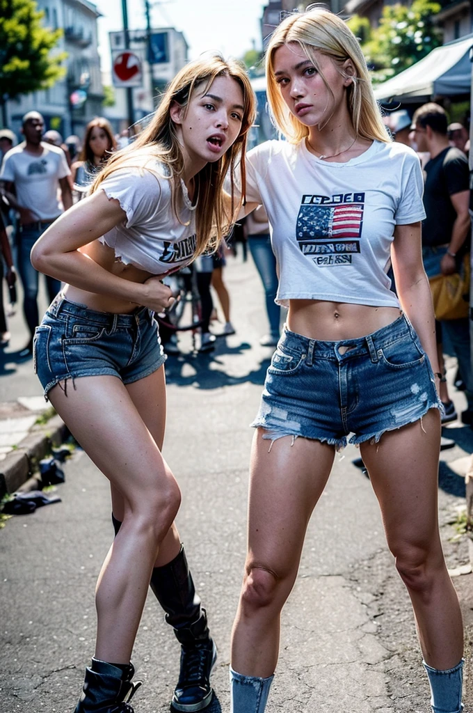 (((struggling pose))) (beautiful German fighter girl) ((torn american t-shirt, ripped and falling short denim shorts)) ((torn garments)) Beautiful and perfect face, (slim body) body skinny, (shaggy blonde hair) (blue colored eyes) Body cute, thick-thighs, clavicle, roided, (muka: anger) full body and heavily tattooed , fine nose, (location: Street , neighborhood, village). ((struggling pose, punch, muka machucado, sweat)) ((crowd around, people in the background, Street cheia de gente, people watching the fight