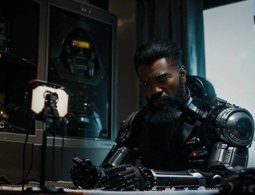 The general enters his room looking at (((his black bionic right hand))) . The general orders an immediate exploration of the planet, he has a large, thick white beard he has a general'with hat on head, wears a modern uniform, hand gestures for spectators, he is chubby and chubby, extremely thick thighs, Large belly, plumpness, 65 years old, he holds a mug of hot coffee , enviroment: inside a ship. Full body photography Full body photography different angles of the image.