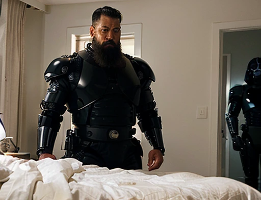 The general enters his room looking at (((his black bionic right hand))) . The general orders an immediate exploration of the planet, he has a large, thick white beard he has a general'with hat on head, wears a modern uniform, hand gestures for spectators, he is chubby and chubby, extremely thick thighs, Large belly, plumpness, 65 years old, he holds a mug of hot coffee , enviroment: inside a ship. Full body photography Full body photography different angles of the image.