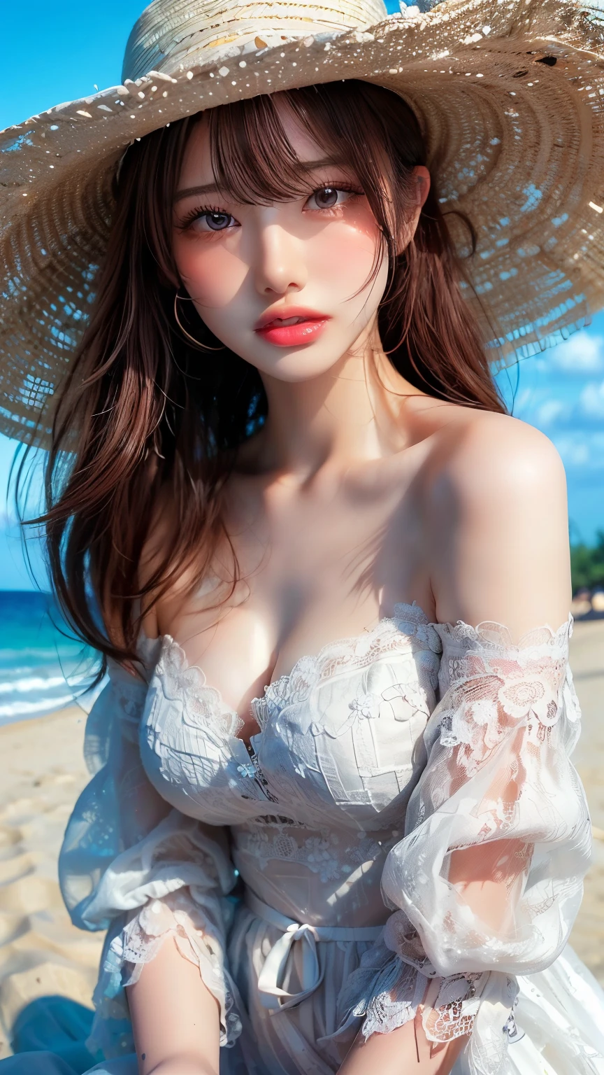 ((Highest quality)),(超A high resolution),(Very detailed),(Detailed Description),((The best CG)),(masterpiece),Very detailed art、Very beautiful and beautiful woman、front facing, Small breasts、(((Whitening 1.5)))、Clear skin quality、(((Whitening 1.5)))White lace dress、Off the shoulder、Small straw hat、Sandy Beach、Ocean、