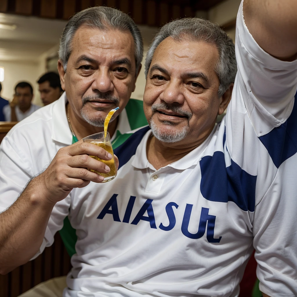 Make an image of the president of Brazil Luiz Innacio Lula da Silva, drinking cachaça and wearing the Vasco da Gama regatta club shirt.